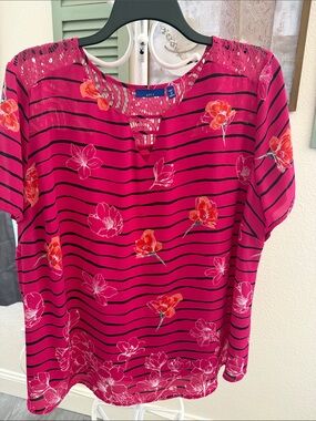 Apt. 9 Hot Pink Striped Floral Short-Sleeve Blouse
